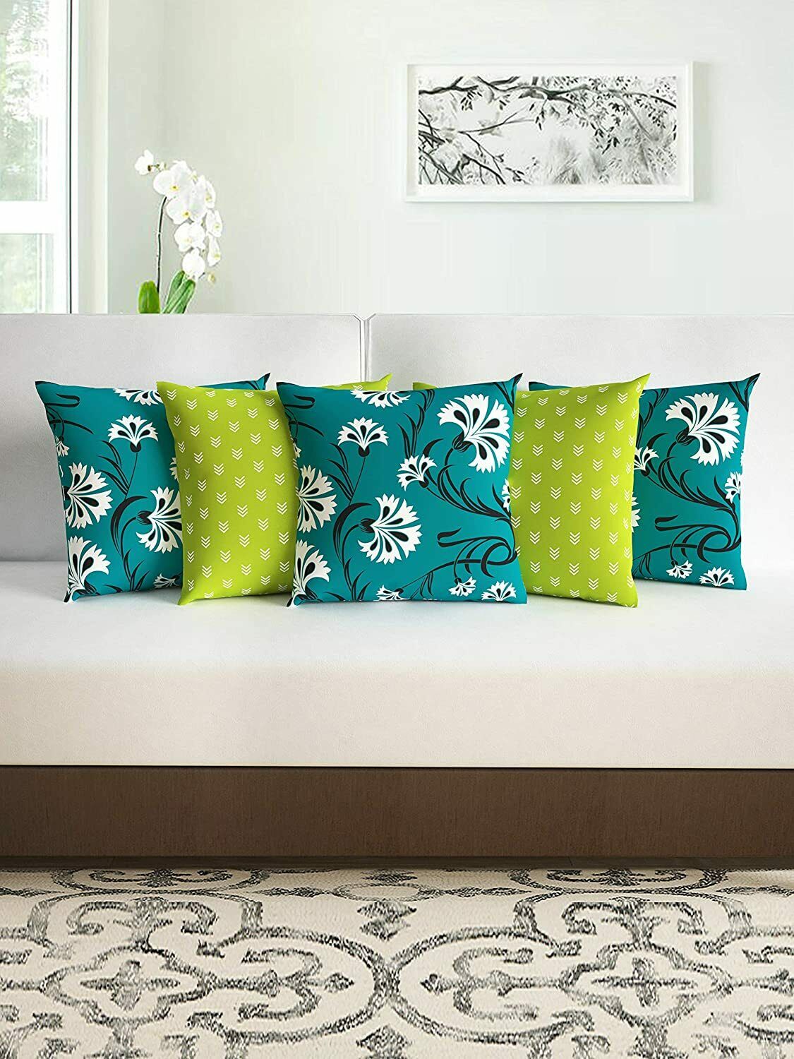 16 X 16 Inch, Lime Green And Green Floral Printed Cushion Covers Set Of 5 Pcs