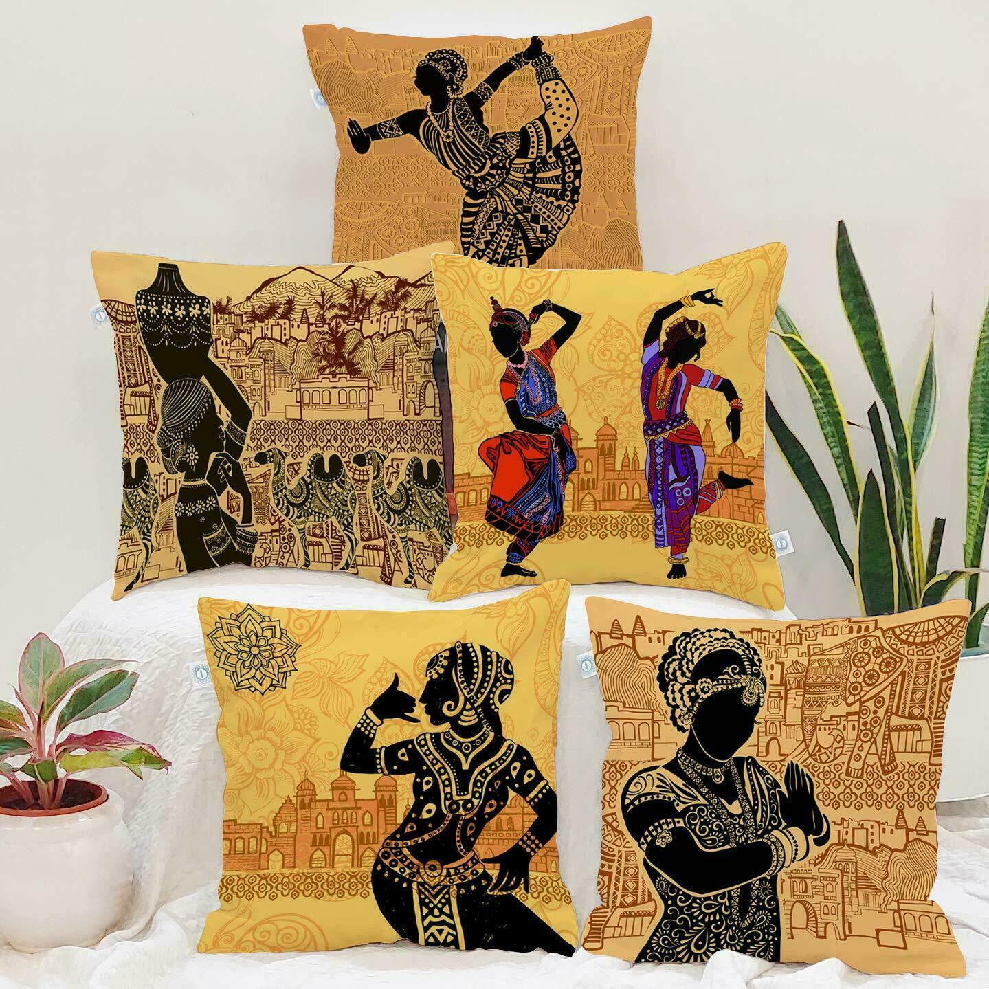 Jute Indian Traditional Dance Bharatanatyam Printed Brown Cushion Cover Set Of 5