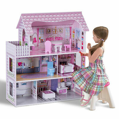 3-level Children's Wooden Dollhouse Kids Pretend Play House Cottage W/ Furniture