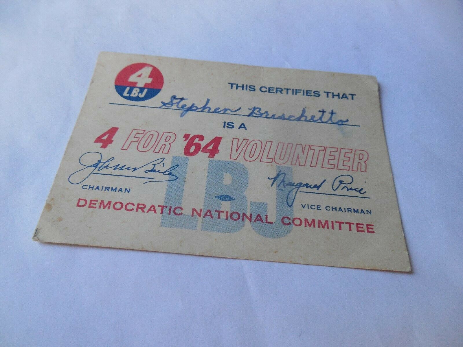 Lyndon Johnson Lbj 1964 Presidential Campaign Volunteer Card Democratic National