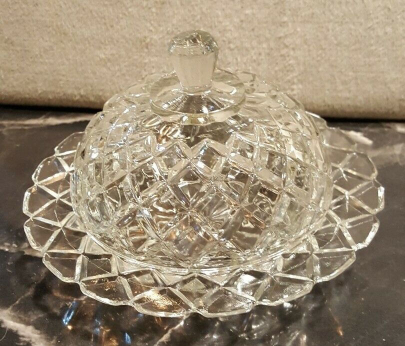 Vintage Eapg Round Covered Butter Dish Diamond Cut Clear Glass