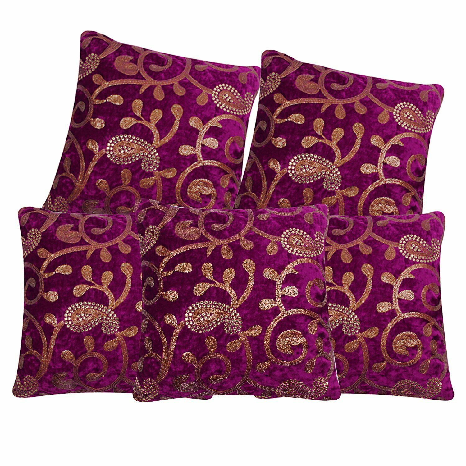 Set Of 5 Purple Velvet Abstract Sequence Embroidered Floral Design Cushion Cover