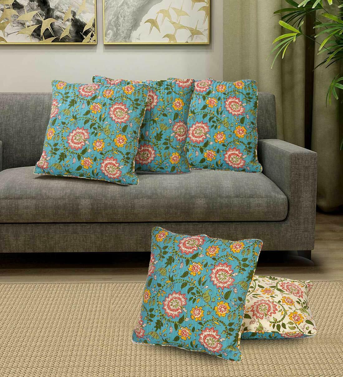 16 X 16 Inches, Pack Of 5 Pcs Floral Printed Green Cushion Cover Set Of Cotton