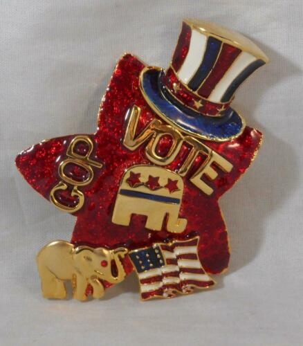 Vintage Vote Gop Brooch Pin Republican Ad 2002 Elephant Star Fashion Jewelry